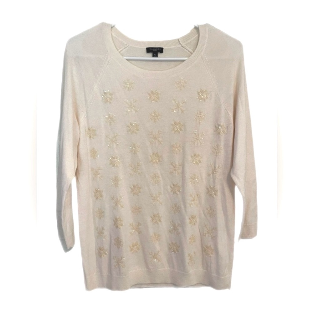 Talbots Lambswool Embellished Sequin Snowflake Holiday Sweater White PM Preppy